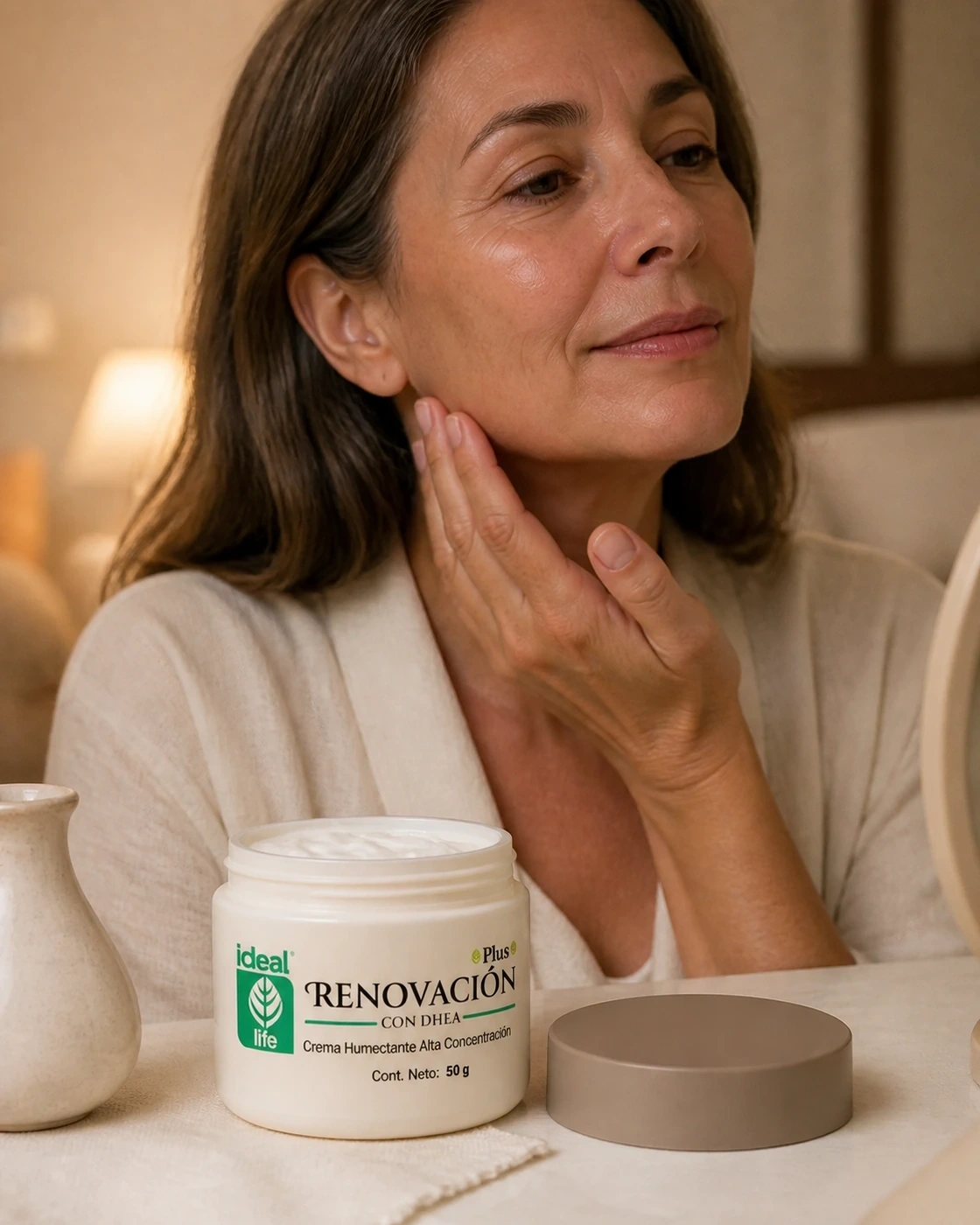 Mujer usando crema Ideal Life junto al tarro abierto y su tapa beige en una rutina nocturna
