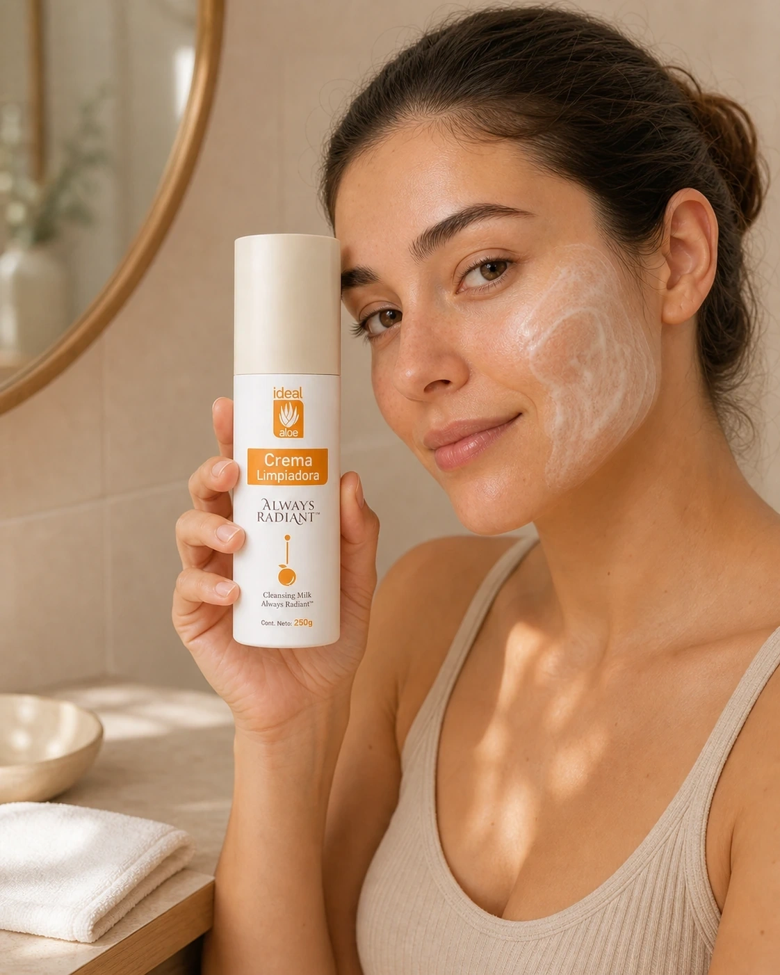 Crema Limpiadora Always Radiant junto al rostro en una rutina de limpieza frente al espejo