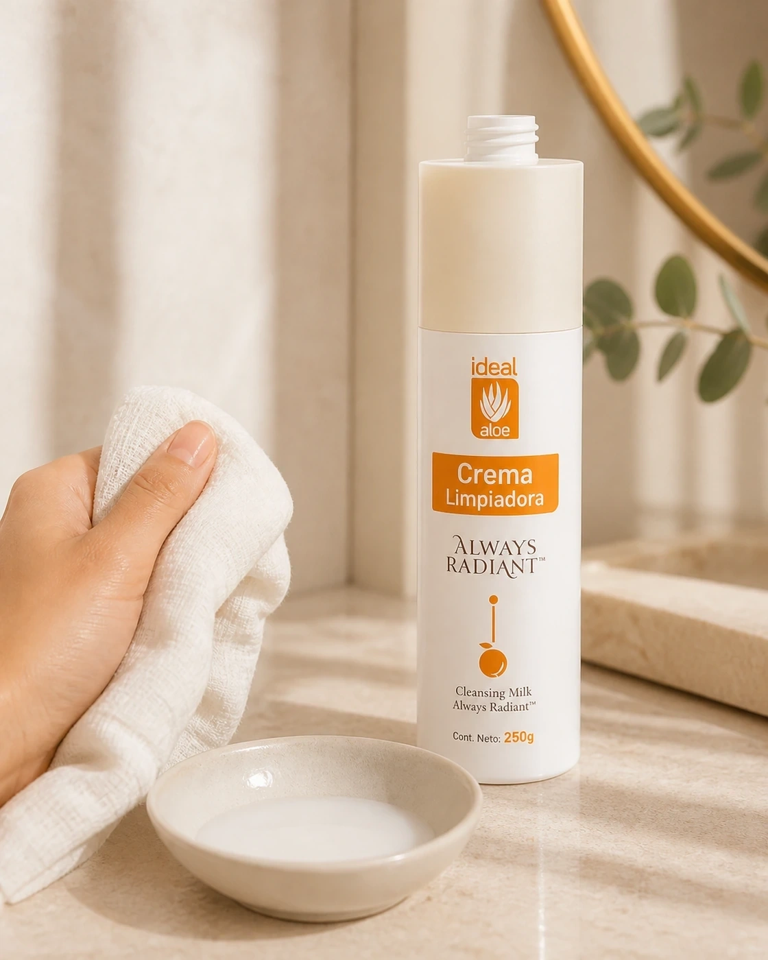 Crema Limpiadora Always Radiant con leche limpiadora y paño facial en una vanidad cálida