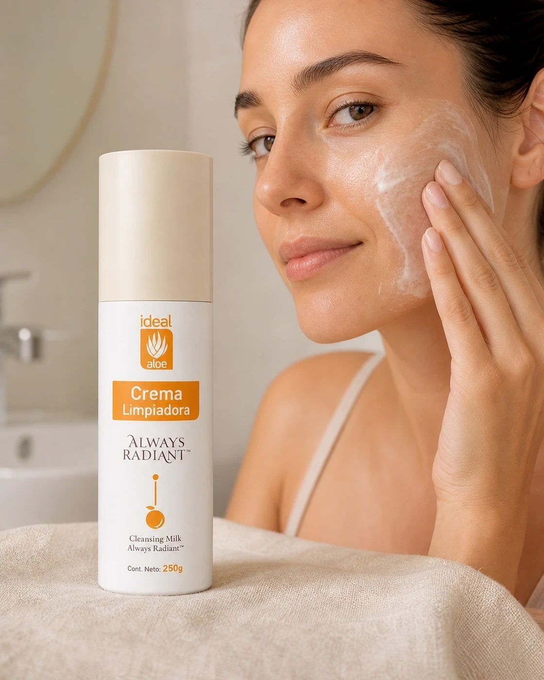 Aplicación de Crema Limpiadora Always Radiant sobre la mejilla con el envase al frente