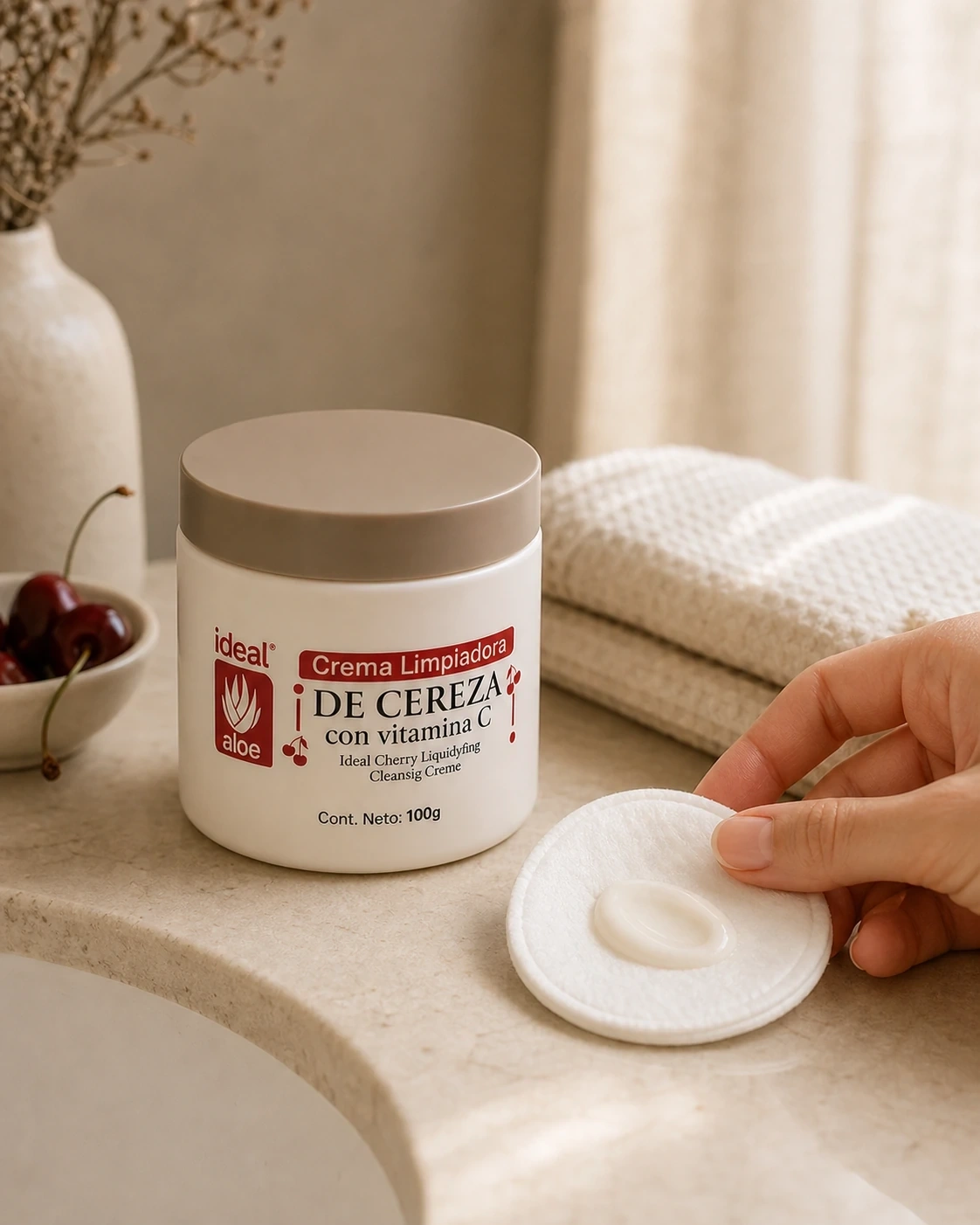 Crema Limpiadora de Cereza con vitamina C junto a un disco reutilizable con producto en un tocador cálido.