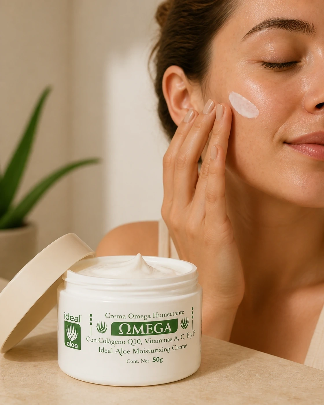 Crema Omega Humectante aplicada sobre la piel del rostro en un ritual facial cálido y natural.
