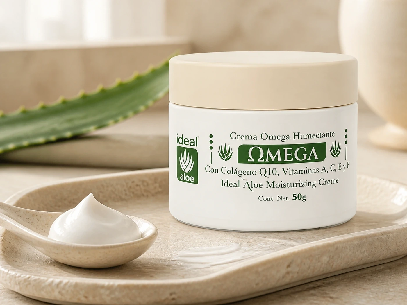 Crema Omega Humectante abierta con textura cremosa sobre una bandeja de piedra y aloe.