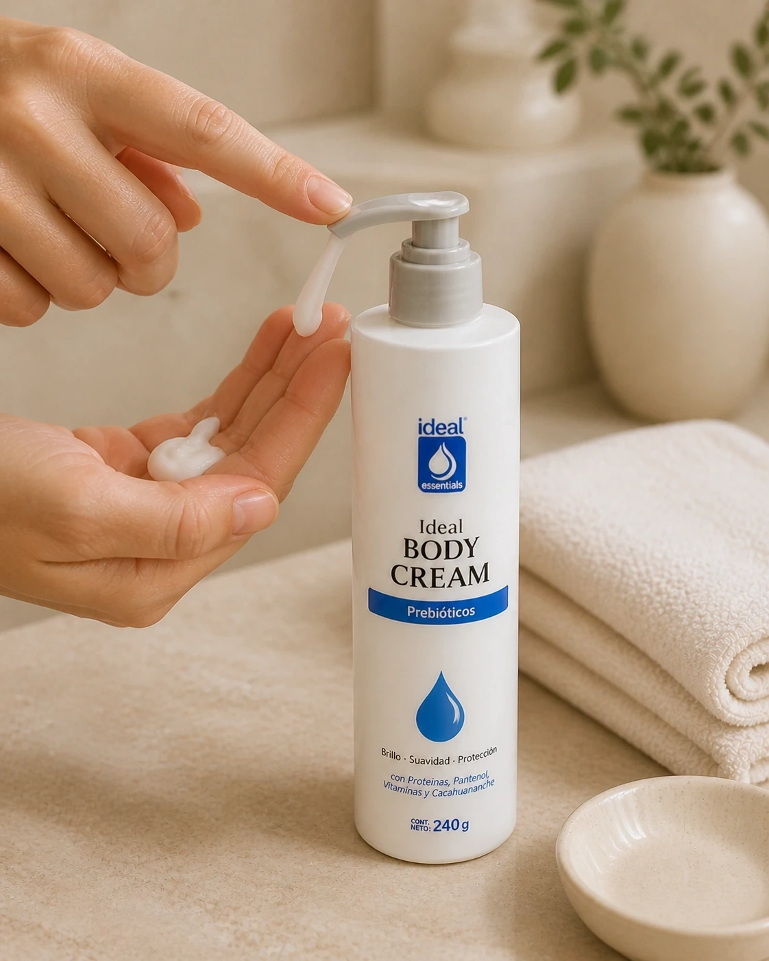 Detalle de Ideal Body Cream con prebióticos dispensada en la palma de la mano.