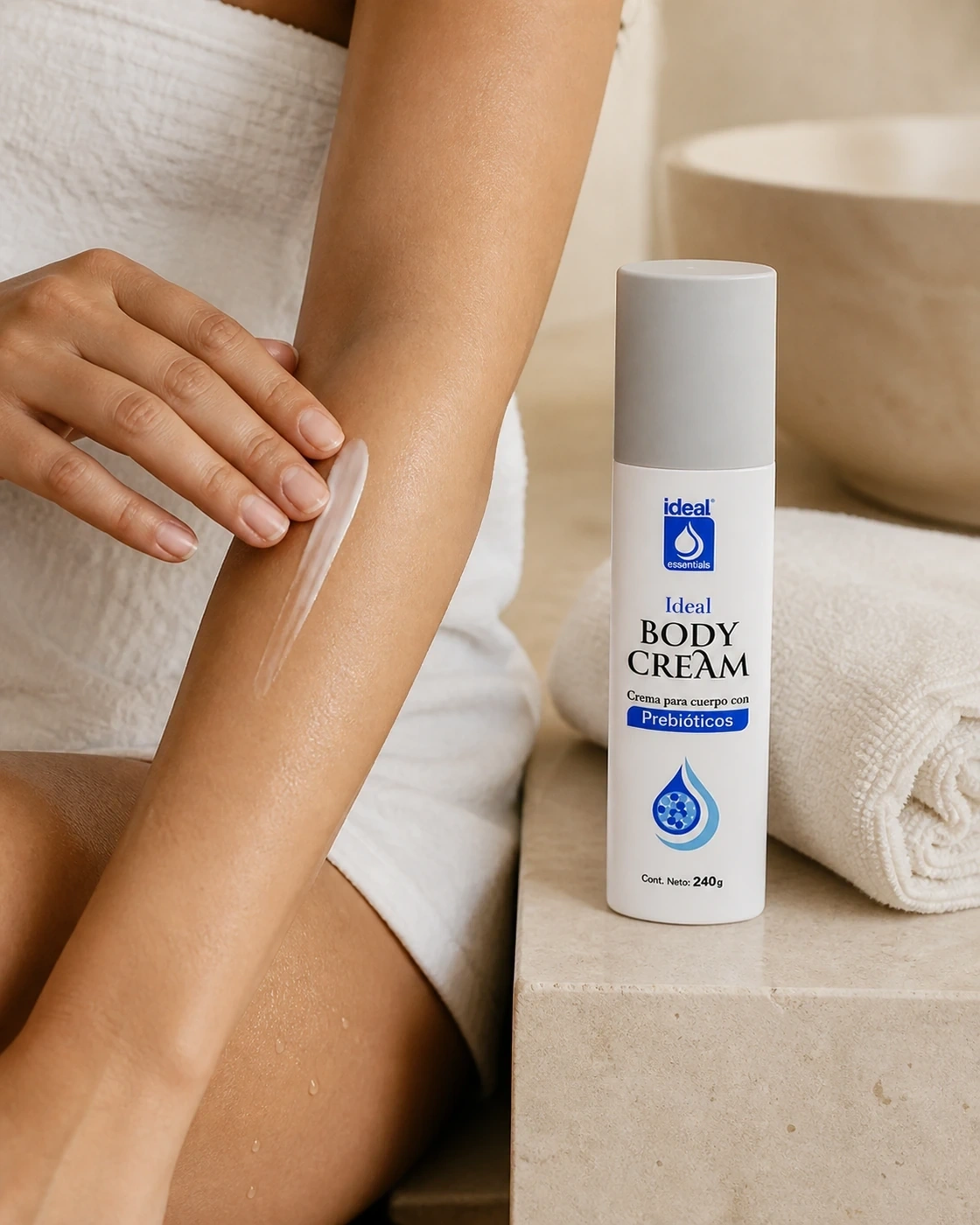 Persona aplicando crema corporal Ideal Body Cream con prebióticos en el antebrazo.