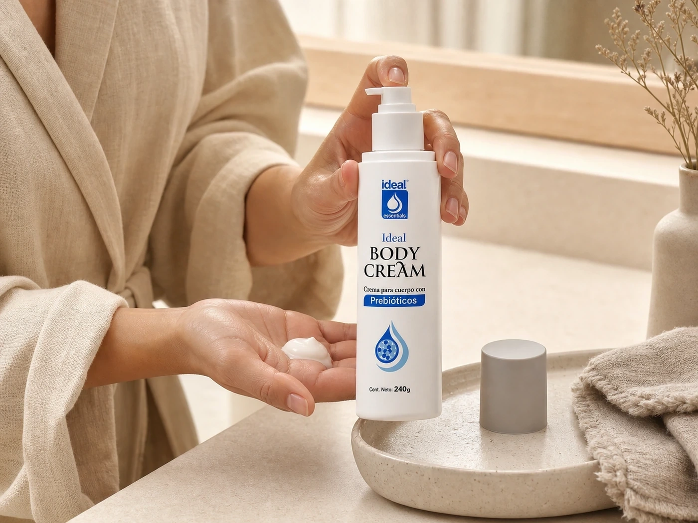 Persona dispensando Ideal Body Cream con prebióticos en la palma de la mano.