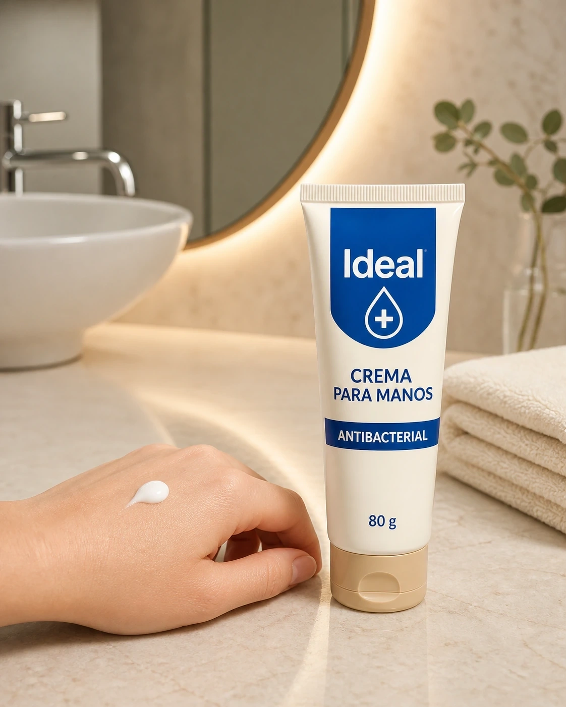 Detalle del tubo de crema para manos Antibacterial Ideal junto a una dosis de crema