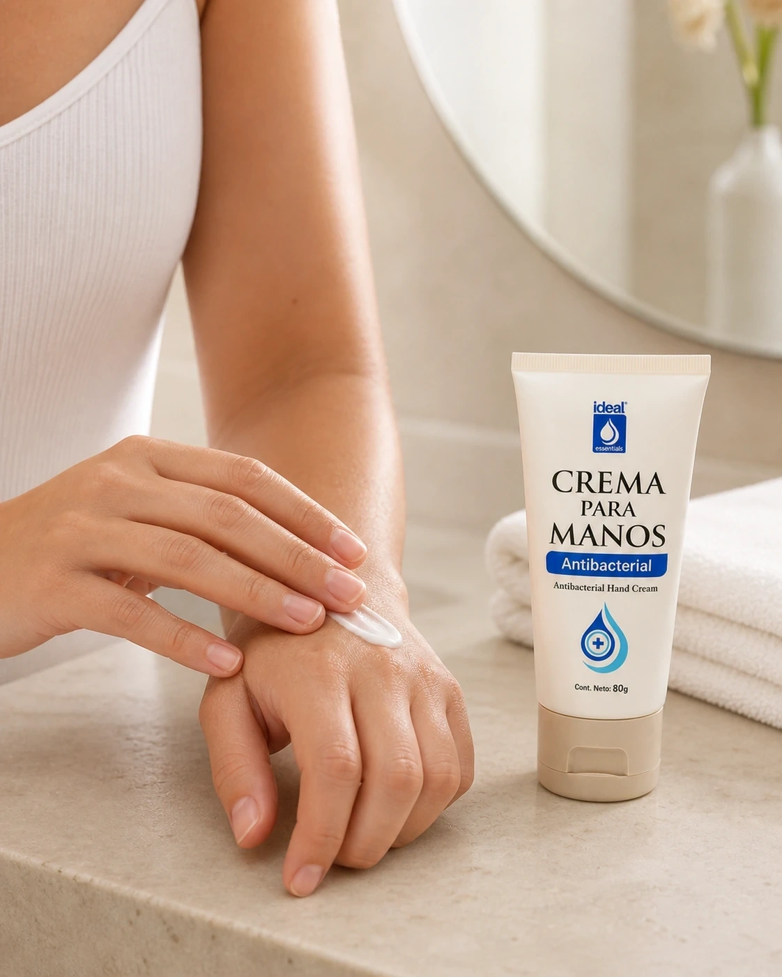 Crema para manos Antibacterial Ideal aplicada junto a su tubo en un tocador