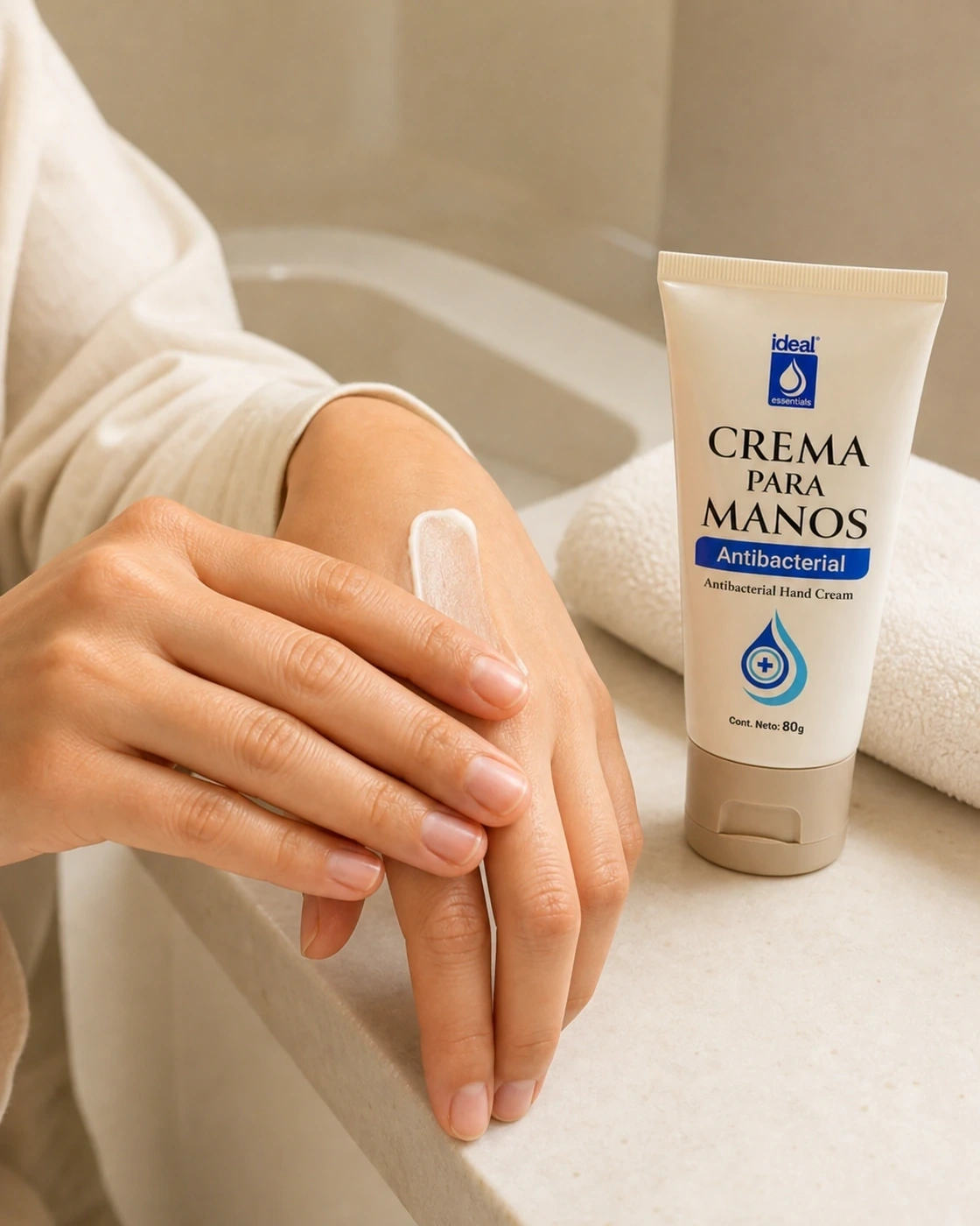 Crema antibacterial Ideal aplicada sobre las manos junto al tubo