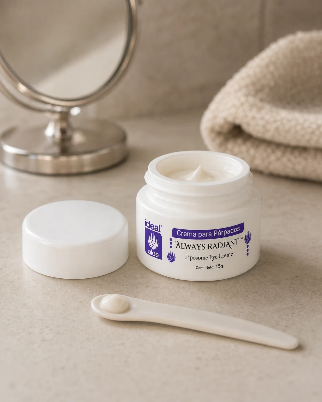 Crema para Párpados de Ideal abierta con espátula y textura sobre un tocador