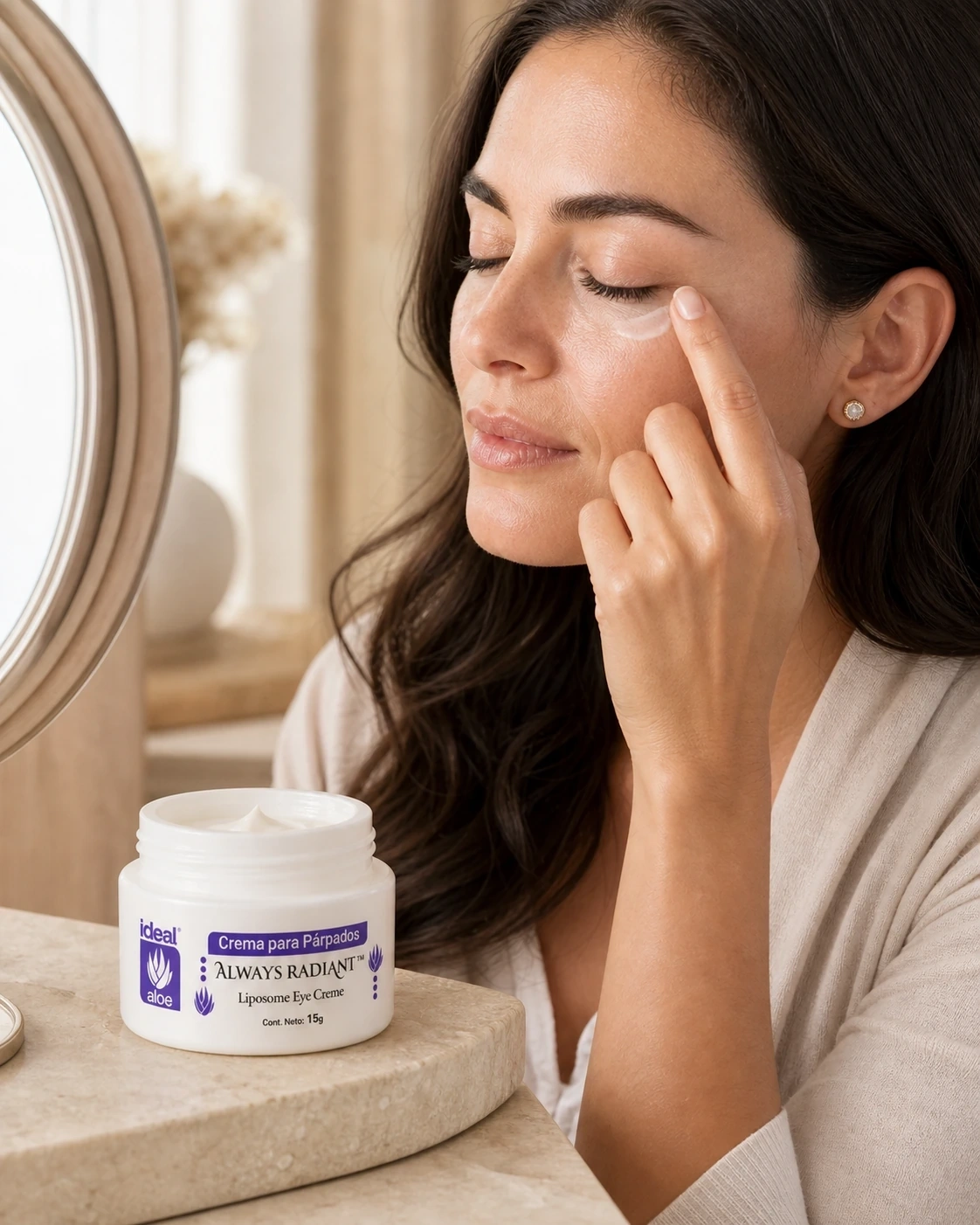Mujer aplica Crema para Párpados de Ideal bajo el ojo junto al envase
