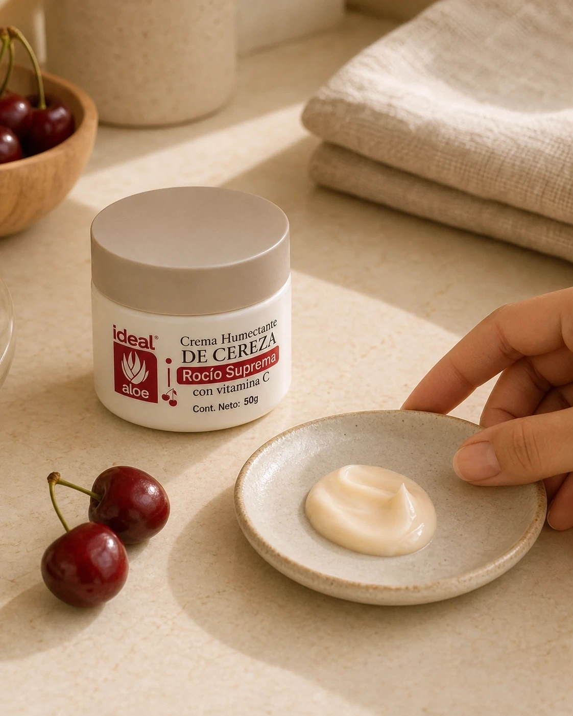 Crema Humectante de Cereza Rocío Suprema junto a una textura cremosa, cerezas y textiles de tocador.