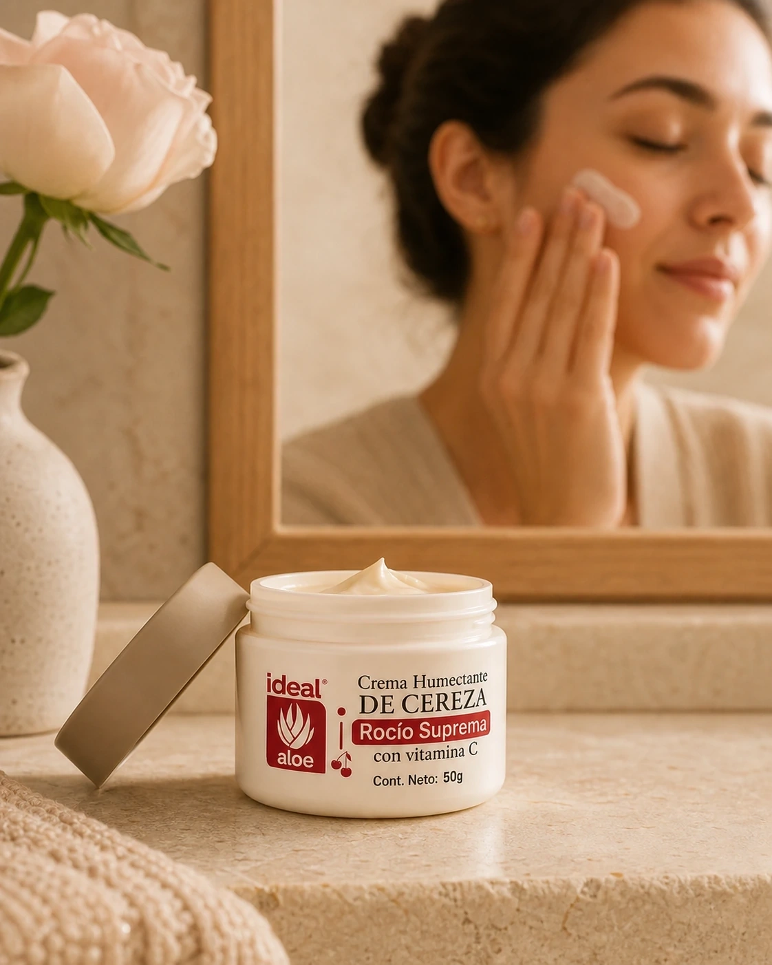 Crema Humectante de Cereza Rocío Suprema en un tocador cálido frente a un espejo, con una modelo aplicando crema.
