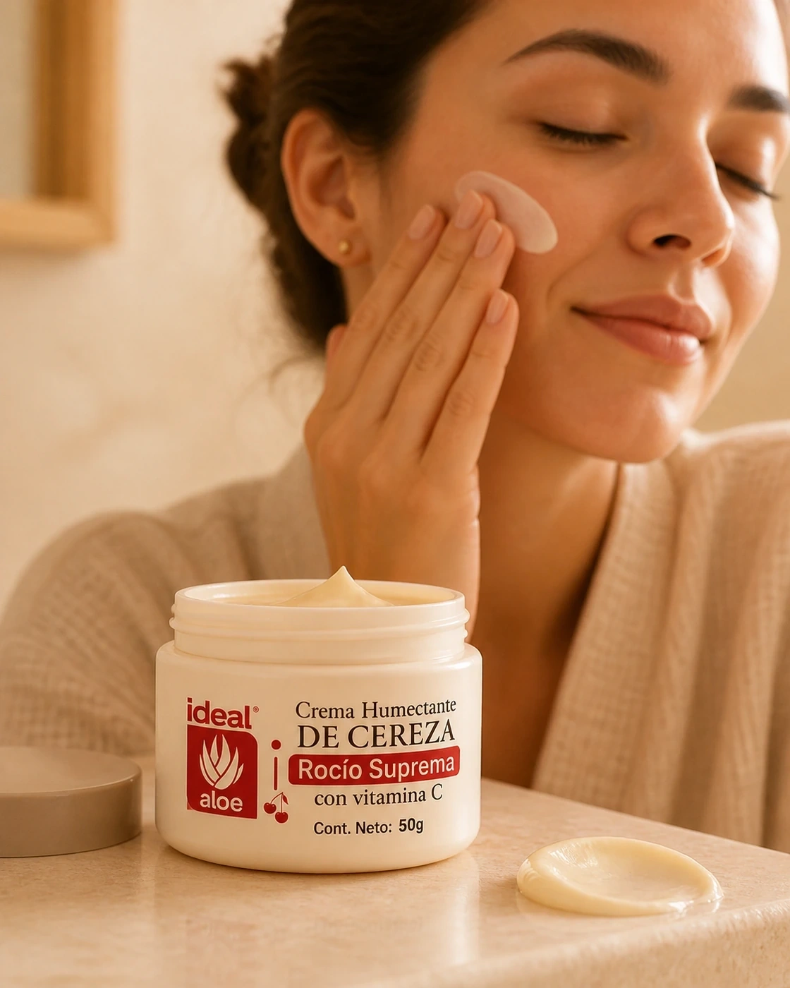 Crema Rocío Suprema de cereza aplicada sobre la mejilla junto a su tarro abierto.