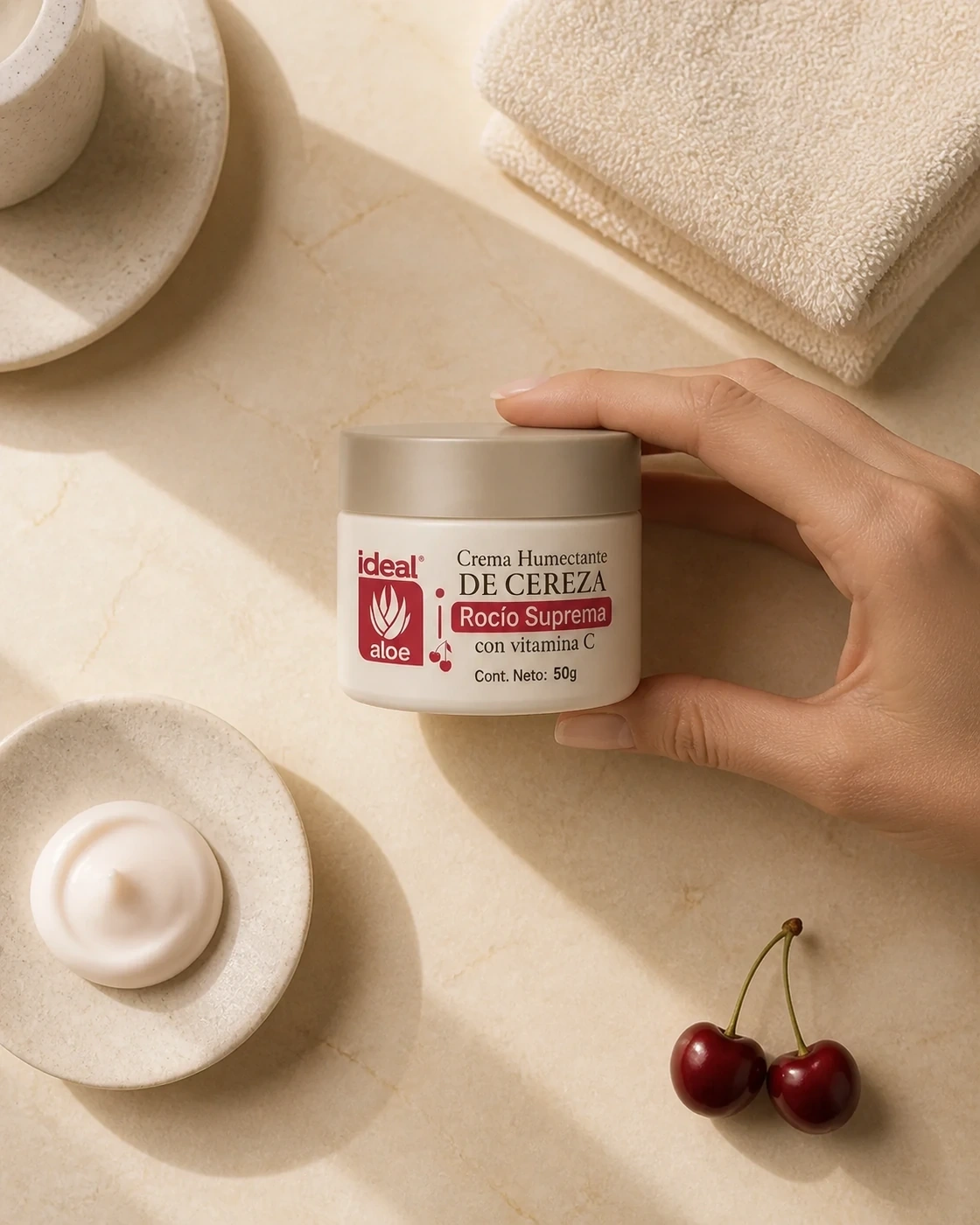 Crema Rocío Suprema de cereza sostenida en un ritual facial cálido con textura cremosa.