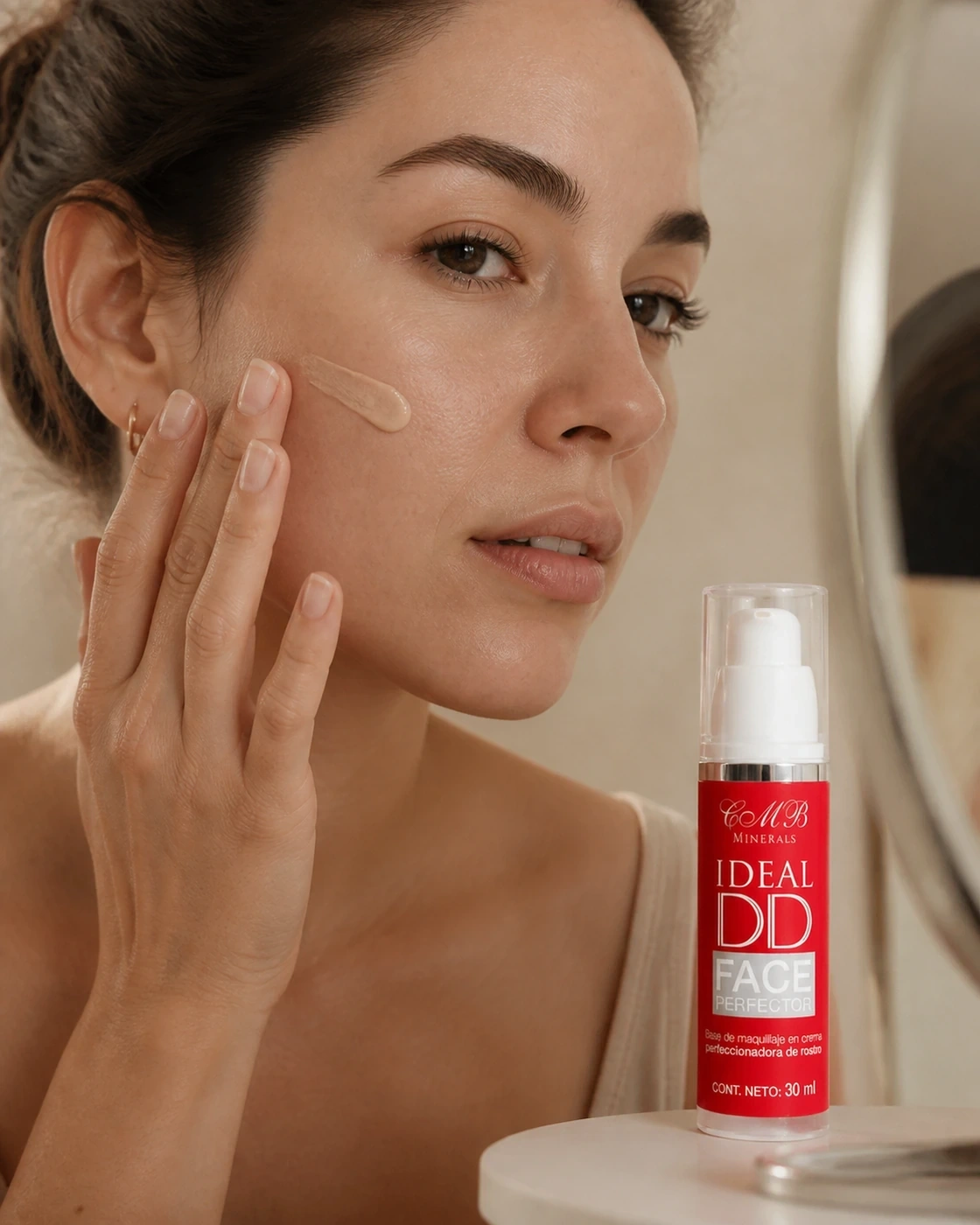 Mujer aplicando DD Face con color en la mejilla junto al dispensador rojo