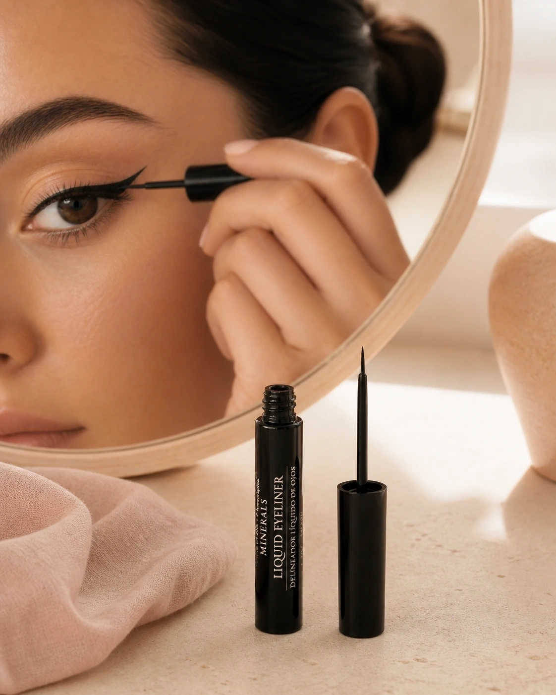 Delineador líquido Eclat negro aplicado por una modelo frente a un espejo