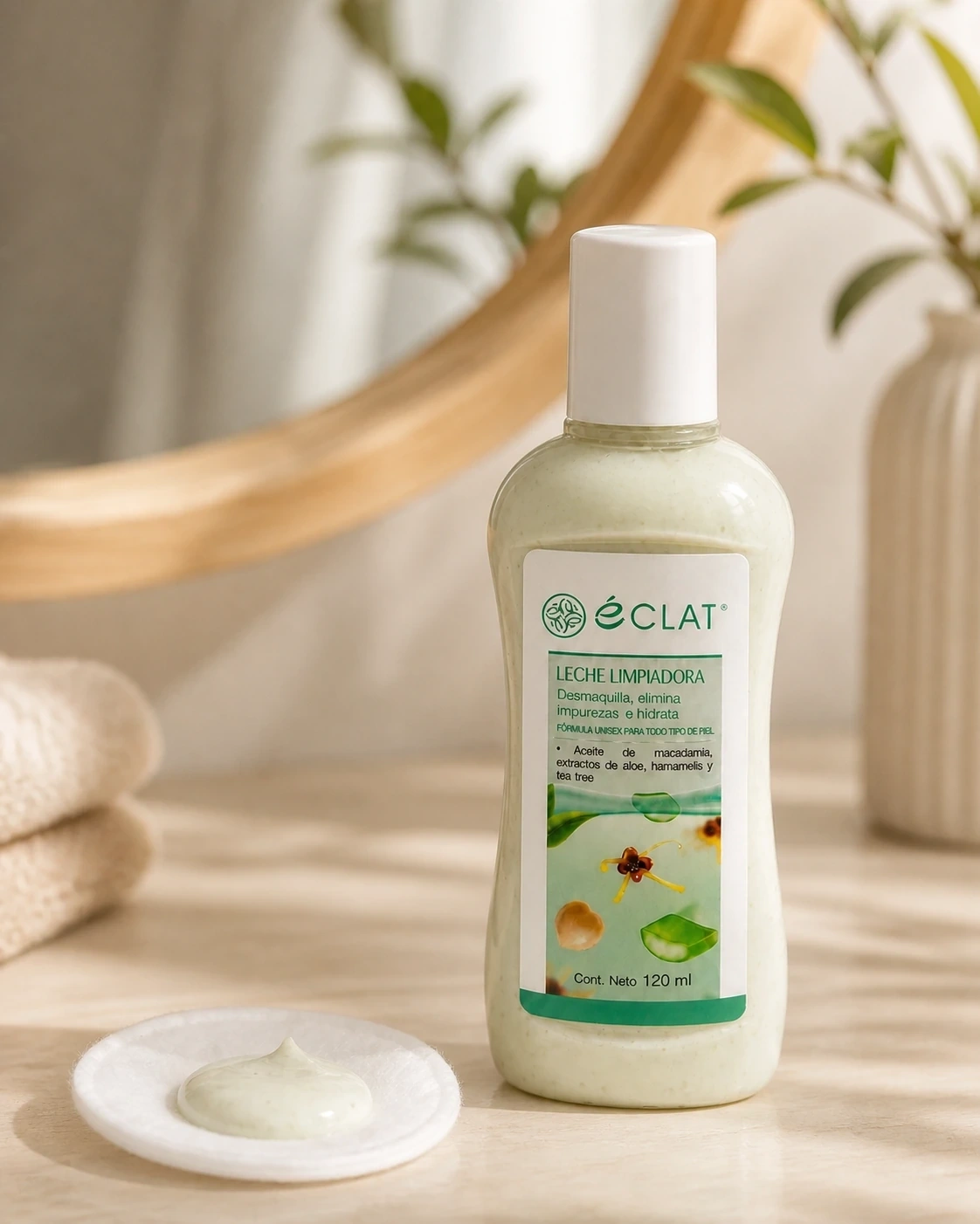 Leche limpiadora de Tea Tree Éclat junto a un algodón con producto sobre un tocador
