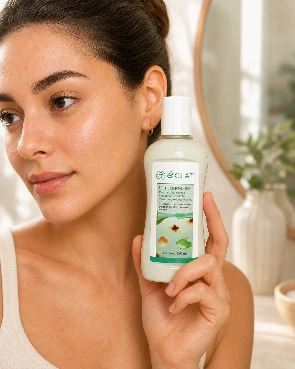 Leche limpiadora de Tea Tree Éclat junto a una modelo en un tocador luminoso