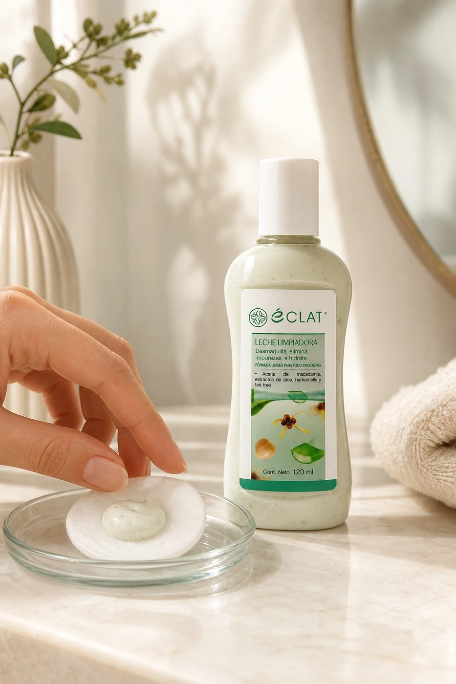 Leche limpiadora de Tea Tree Éclat sobre un algodón en una rutina facial