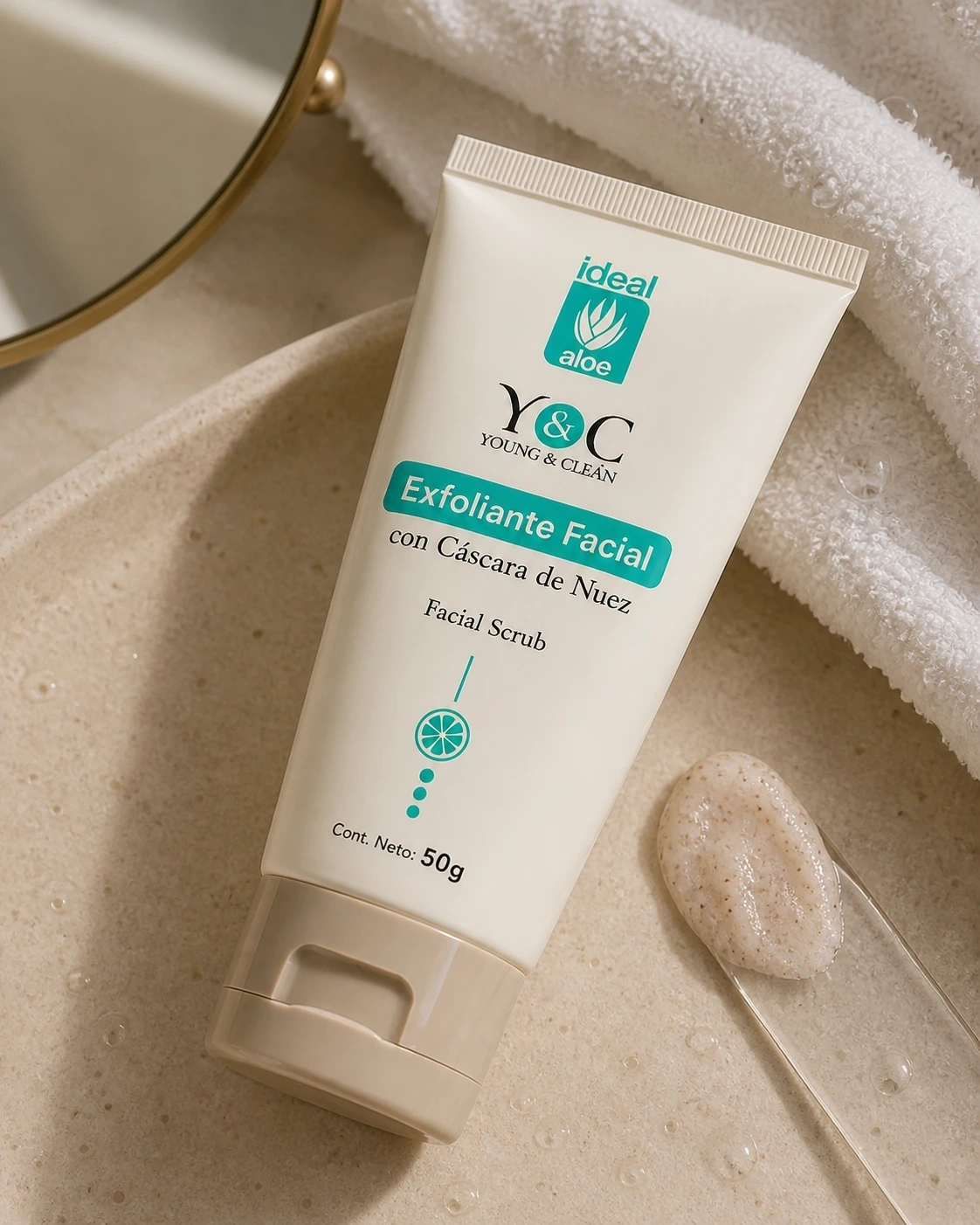 Exfoliante Facial Young & Clean junto a una muestra de textura sobre una bandeja de piedra