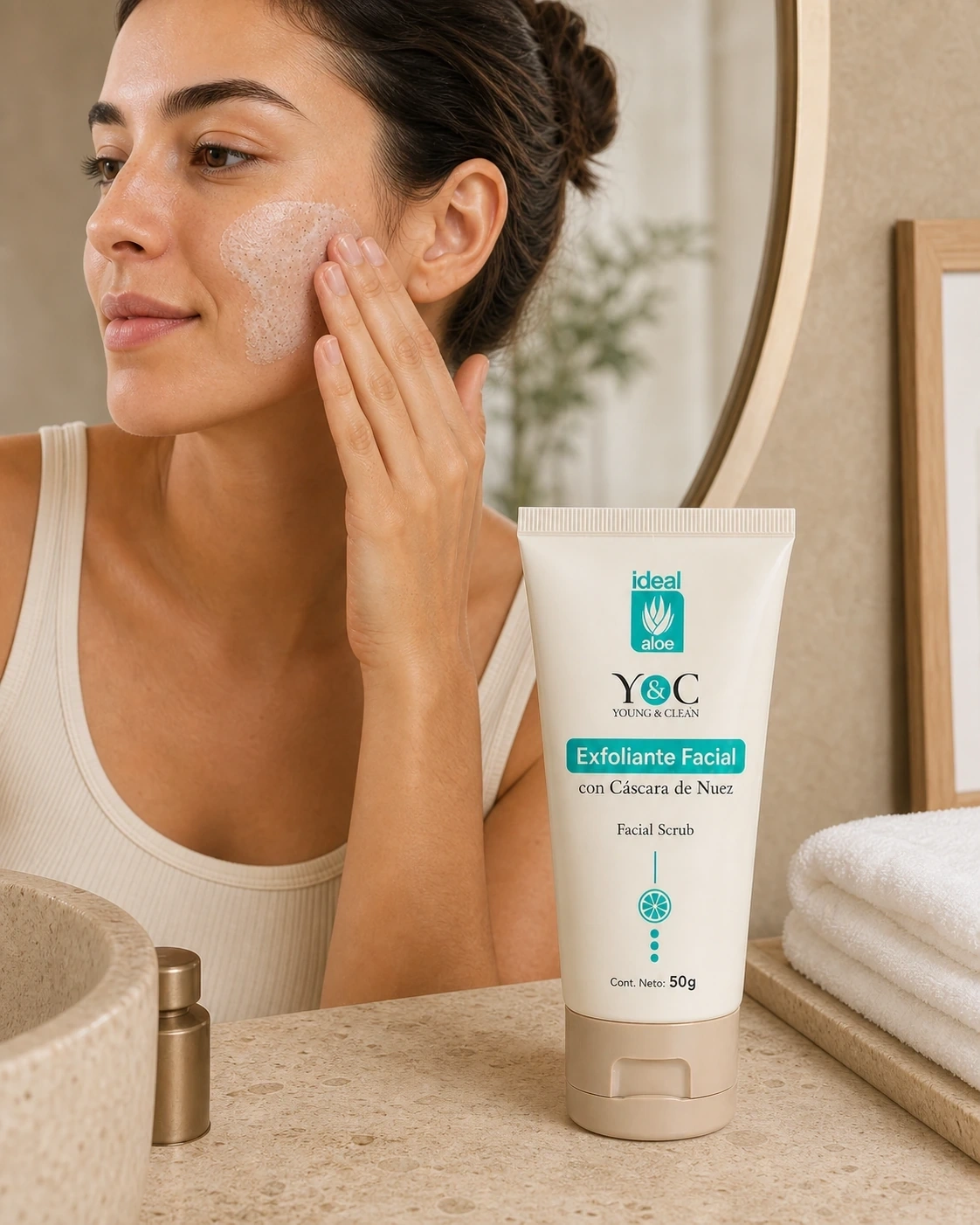 Exfoliante Facial Young & Clean aplicado sobre la mejilla junto a su tubo