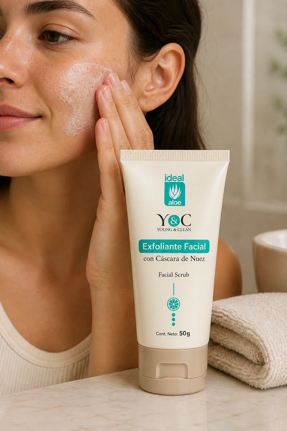 Exfoliante Facial Clean Fresh masajeado sobre la mejilla junto a su tubo