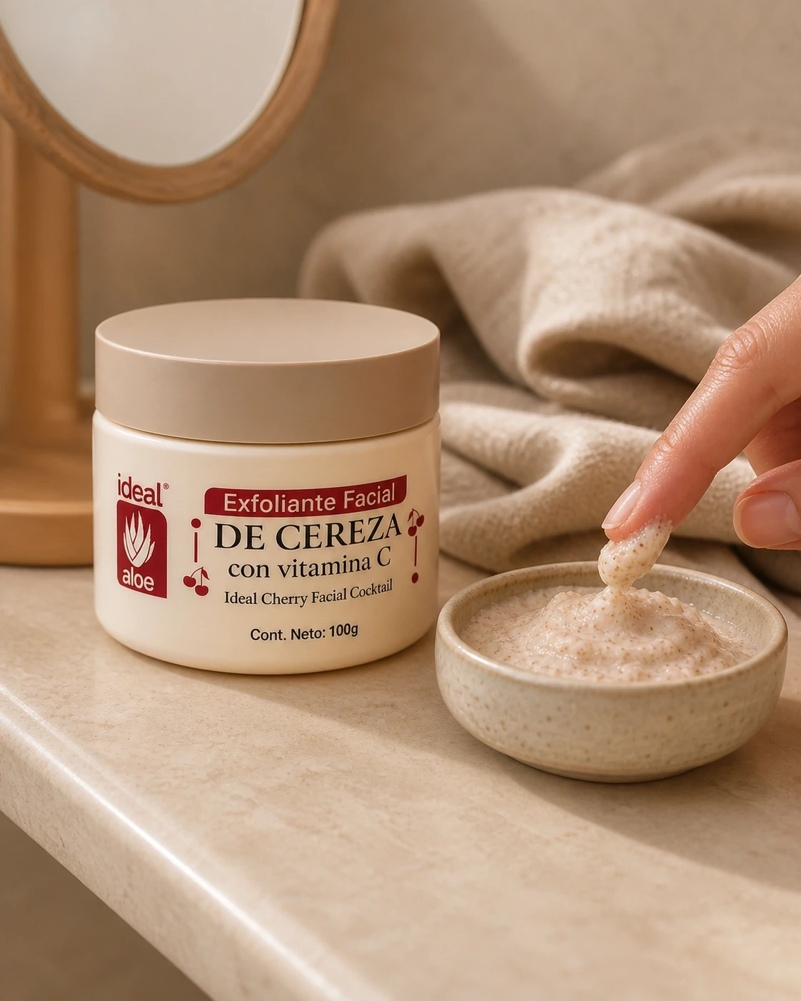 Exfoliante Facial de Cereza con vitamina C junto a un cuenco de textura y una mano tomando una pequeña cantidad.