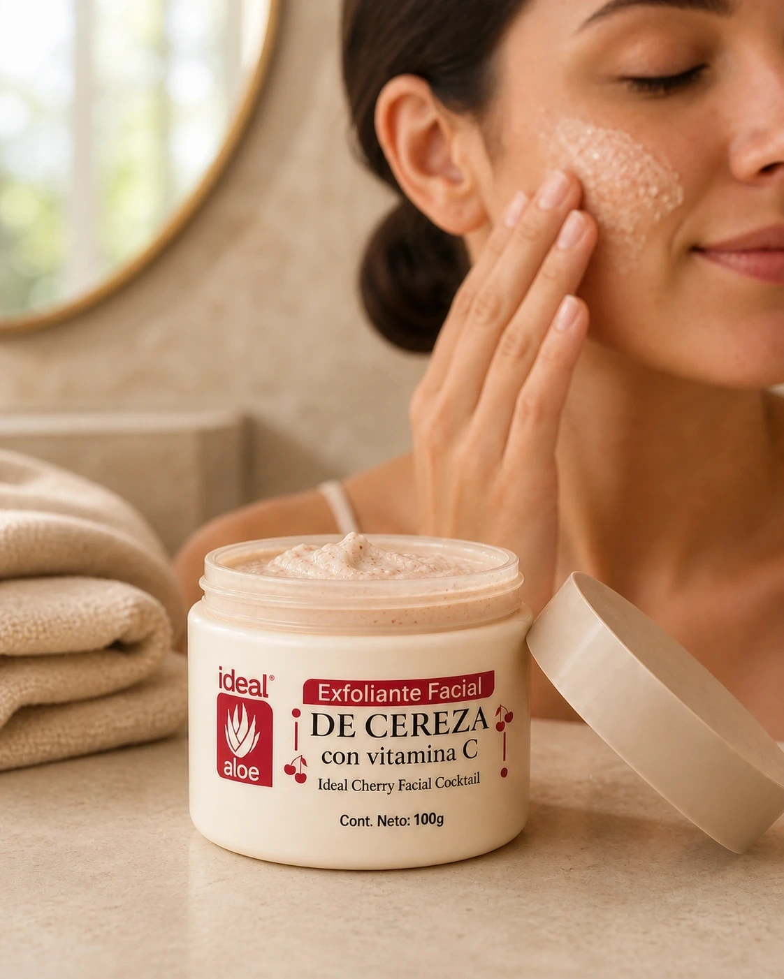 Exfoliante Facial de Cereza con vitamina C en un ritual facial cálido, con textura granulada y modelo al fondo.