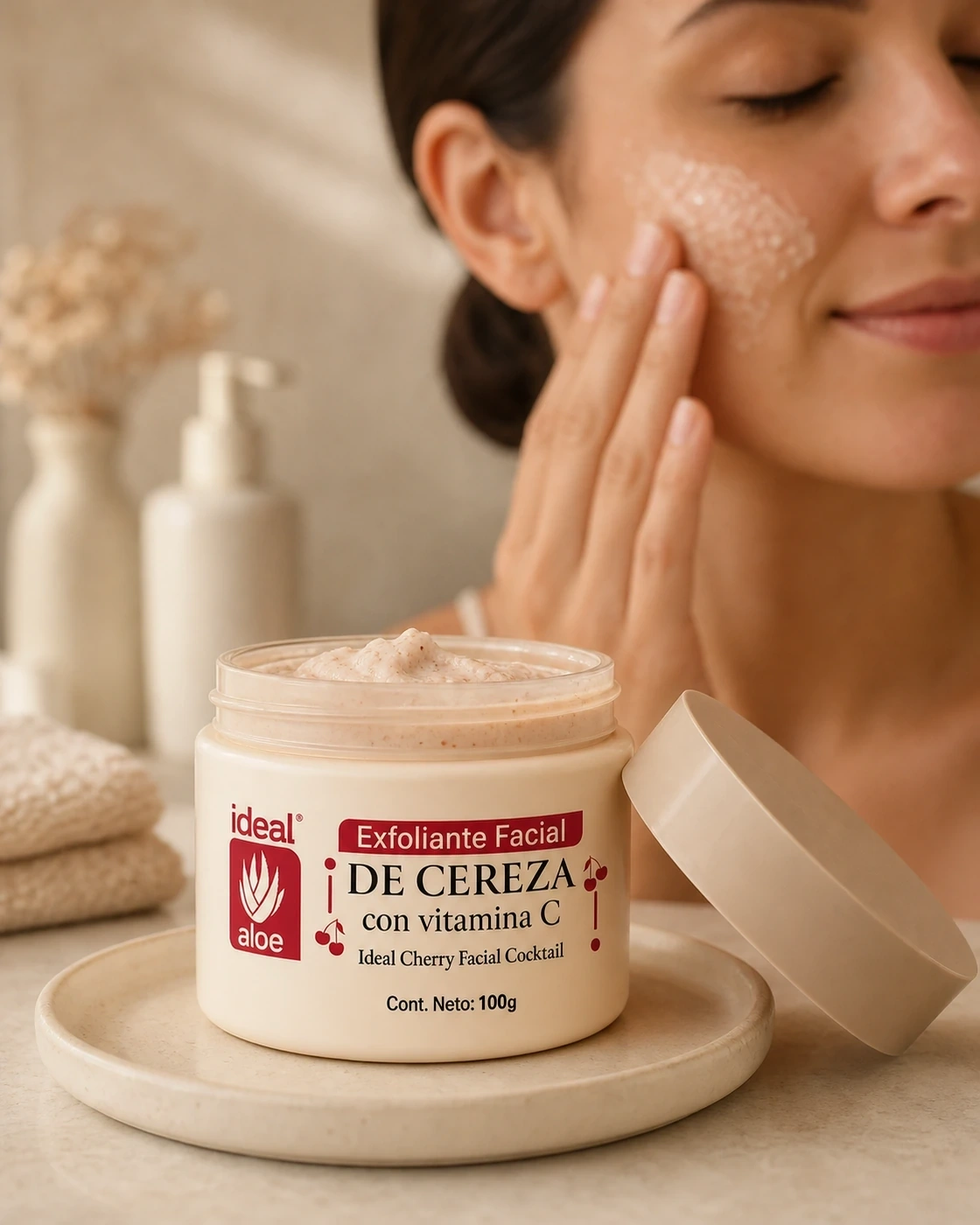 Exfoliante Facial de Cereza aplicado suavemente sobre la mejilla junto a su tarro abierto.