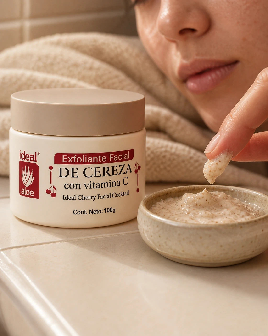Exfoliante Facial de Cereza con textura granulada tomado con la yema de los dedos.