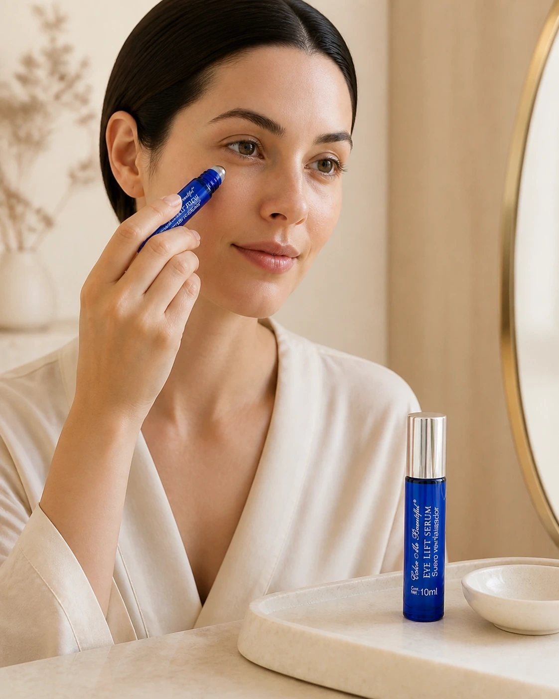 Detalle de aplicación del roll-on Eye Lift Serum junto a un tocador crema
