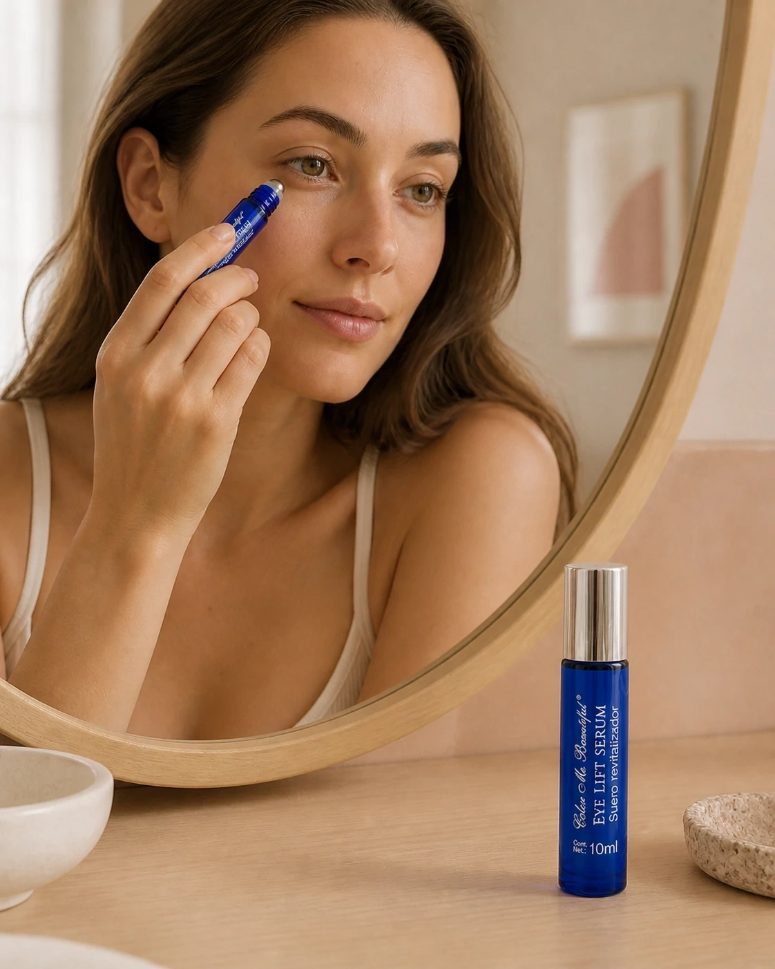 Eye Lift Serum aplicado bajo el ojo frente a un espejo en un tocador cálido
