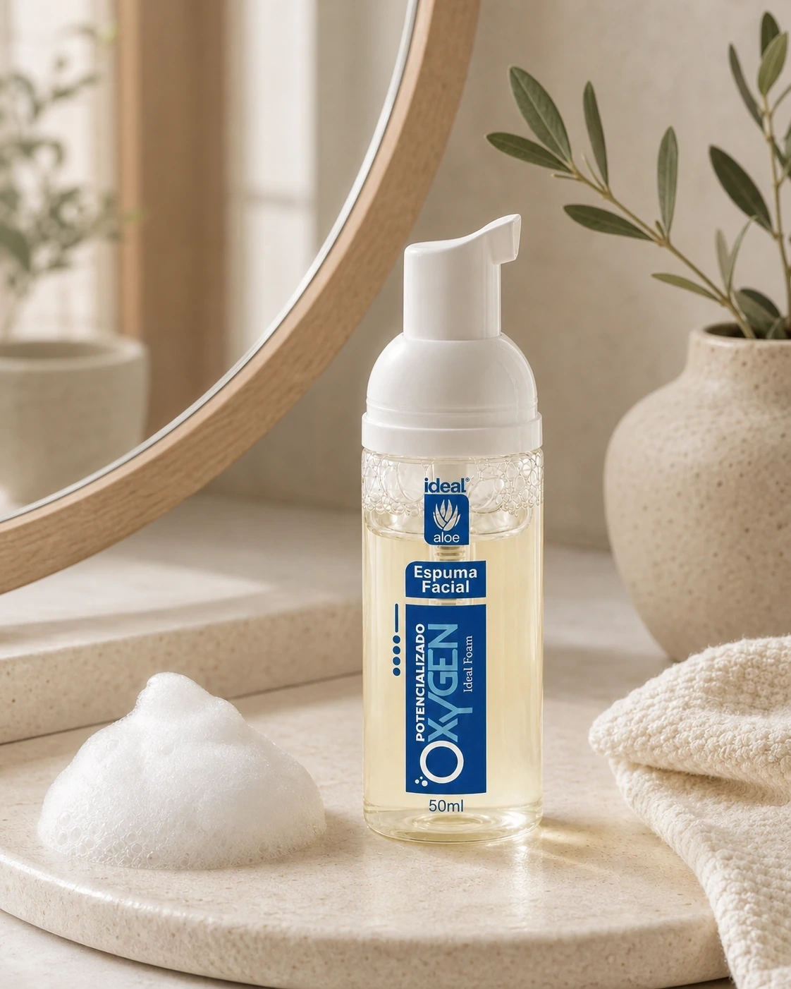 Foam facial de oxígeno junto a espuma limpiadora en tocador crema
