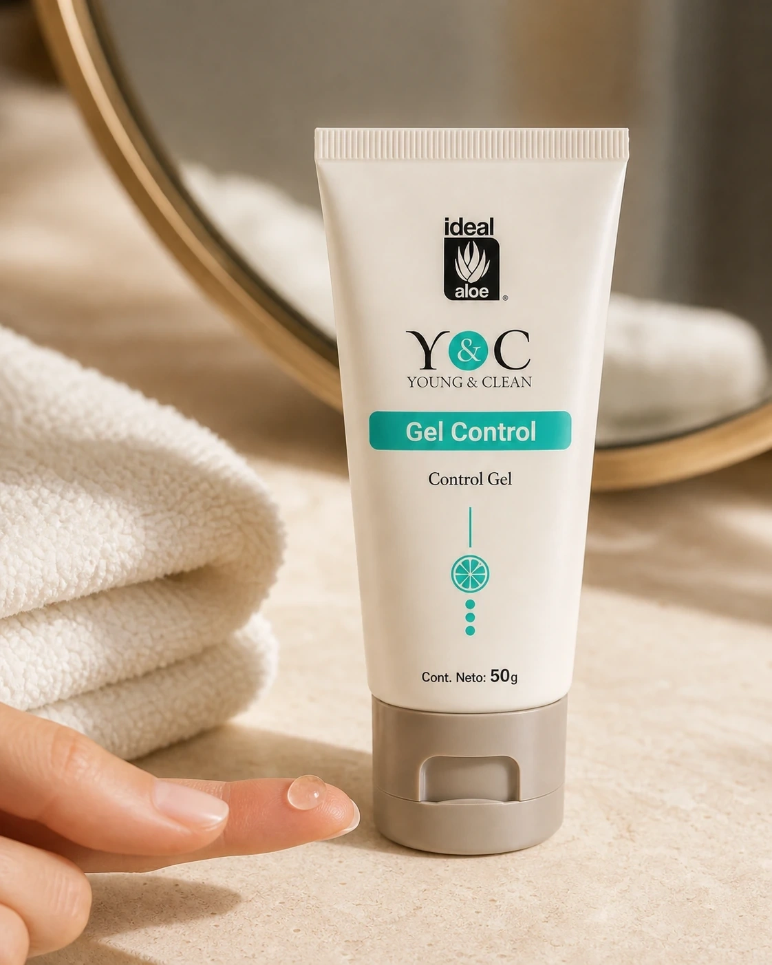 Gel Control Young & Clean junto a una gota de gel sobre un tocador cálido