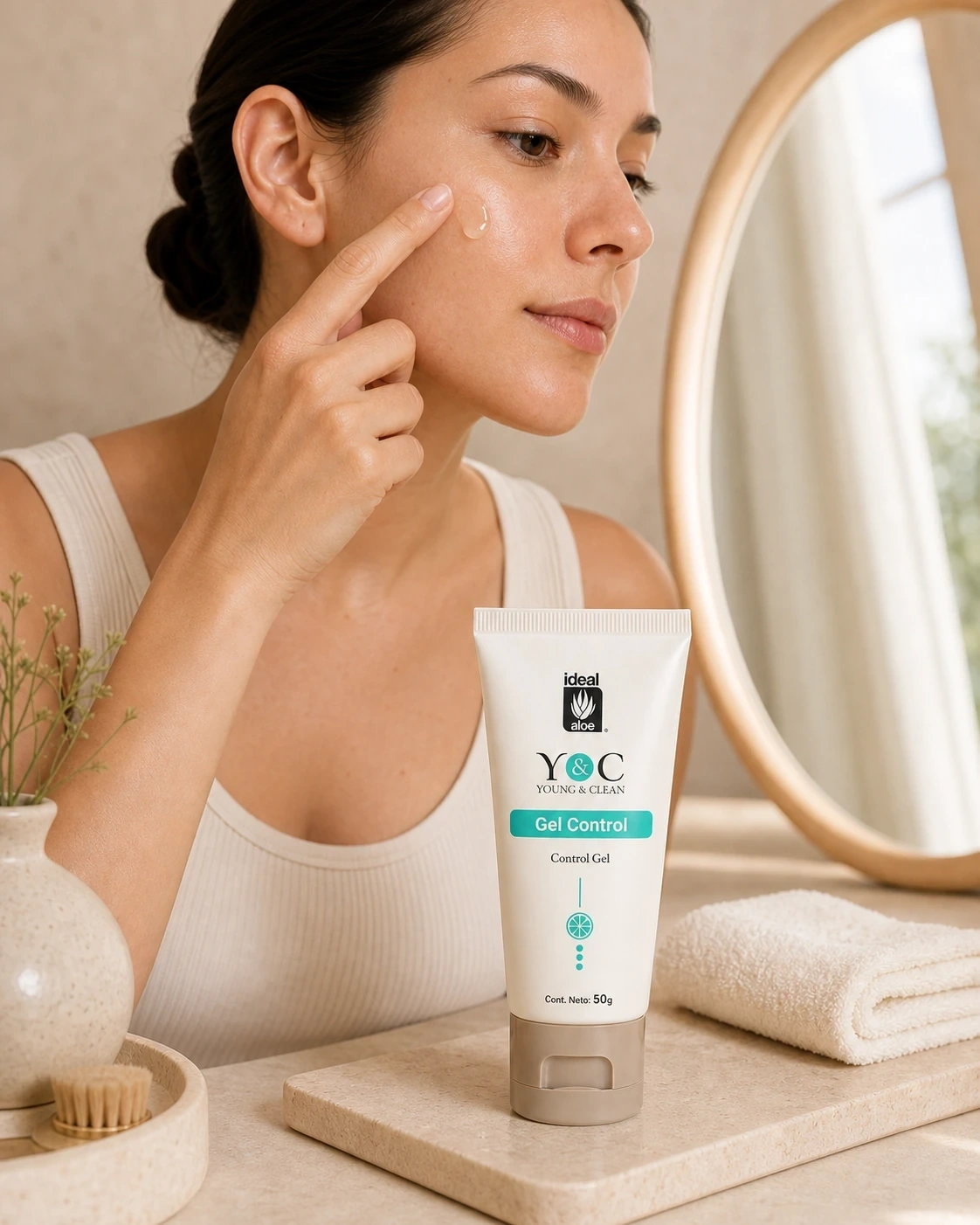 Gel Control Young & Clean aplicado sobre la mejilla junto a su tubo en un tocador