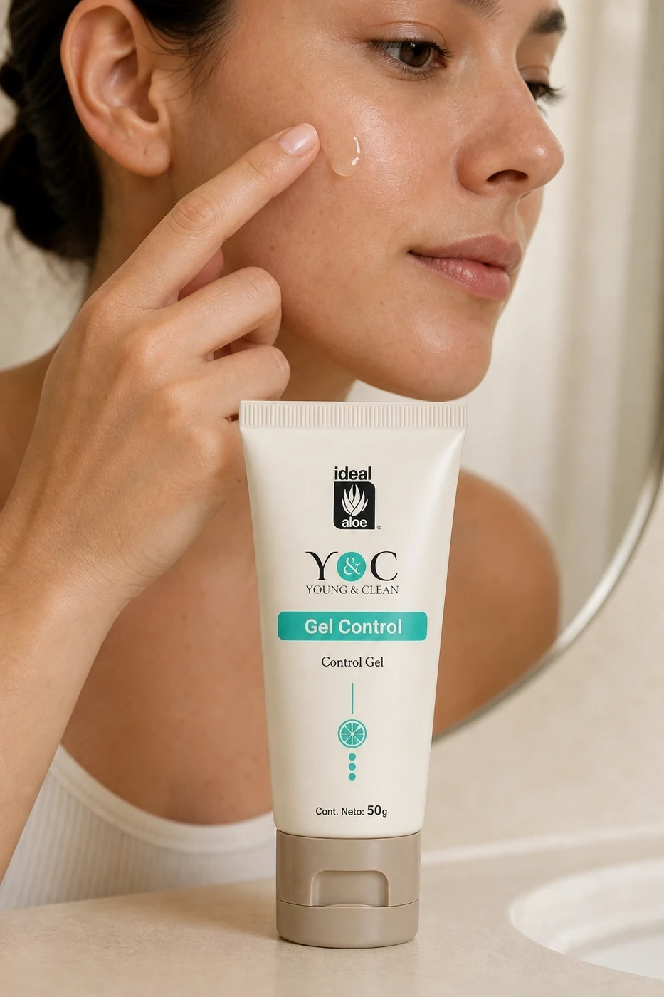 Gel Control Clean Fresh aplicado en la mejilla junto a su tubo