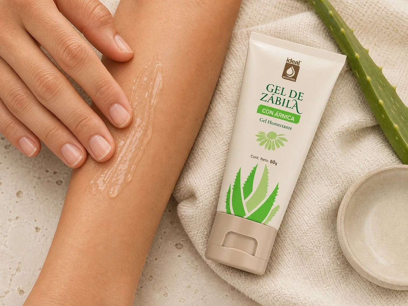 Aplicación de gel transparente de Gel de Zábila con Árnica sobre el antebrazo.