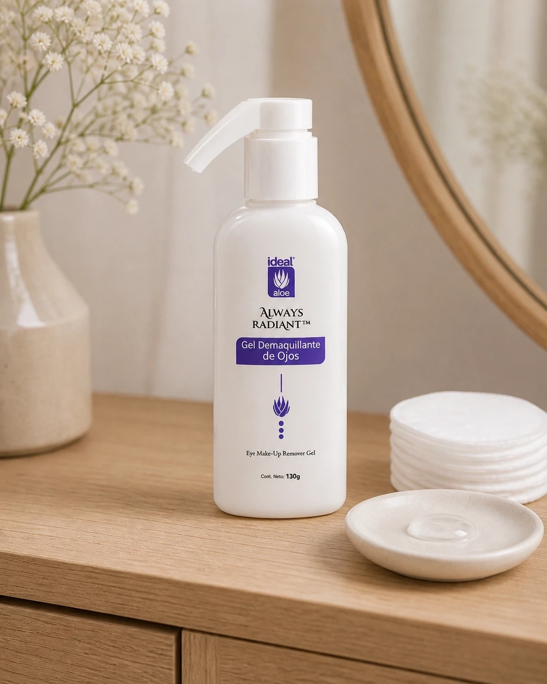 Gel Demaquillante para Párpados de Ideal sobre un tocador con algodones y espejo