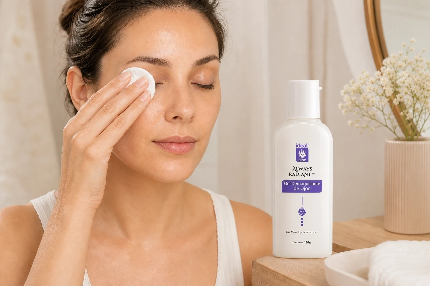 Gel Demaquillante para Párpados de Ideal usado con algodón sobre el ojo cerrado