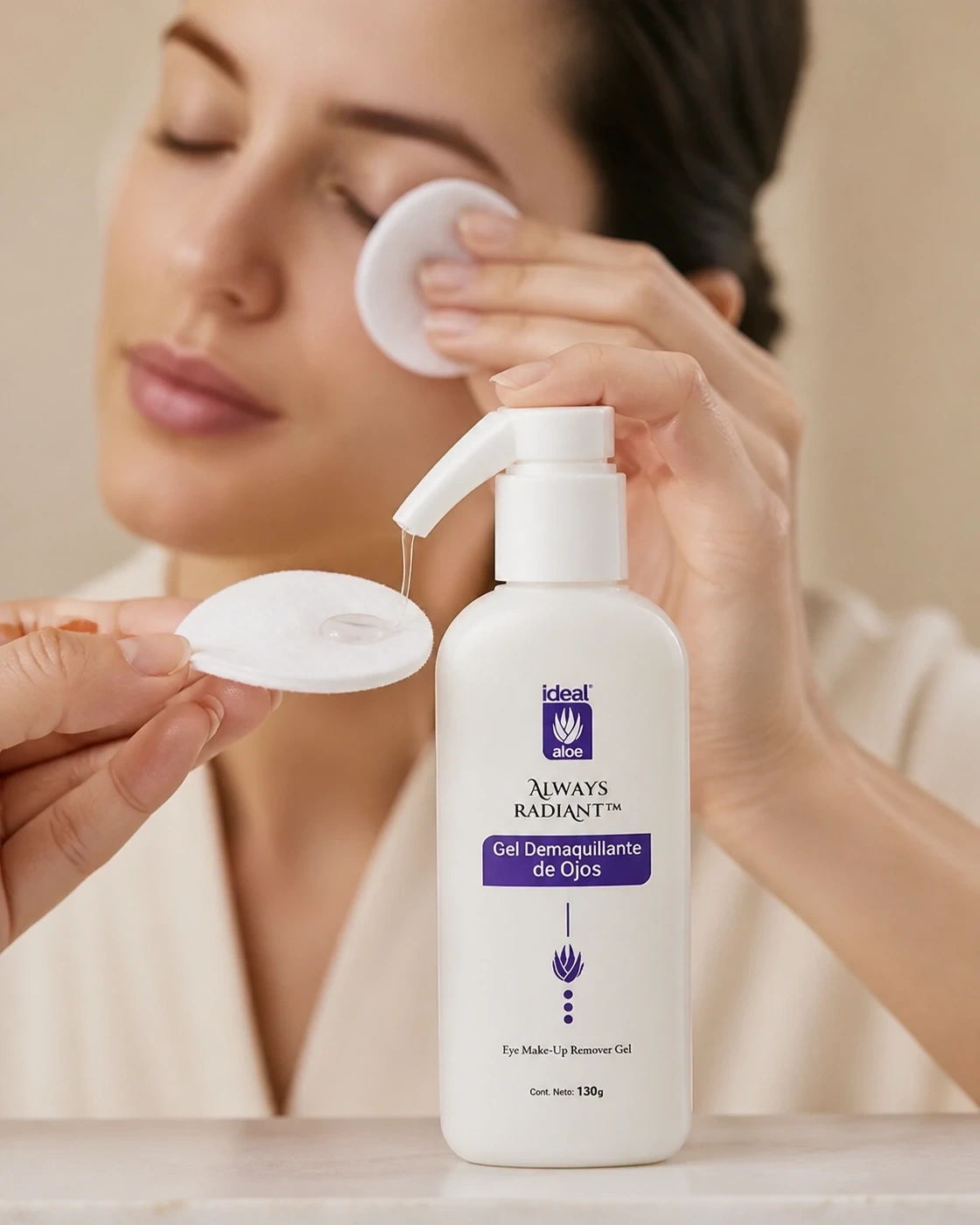Gel Demaquillante para Párpados de Ideal dispensado sobre un algodón