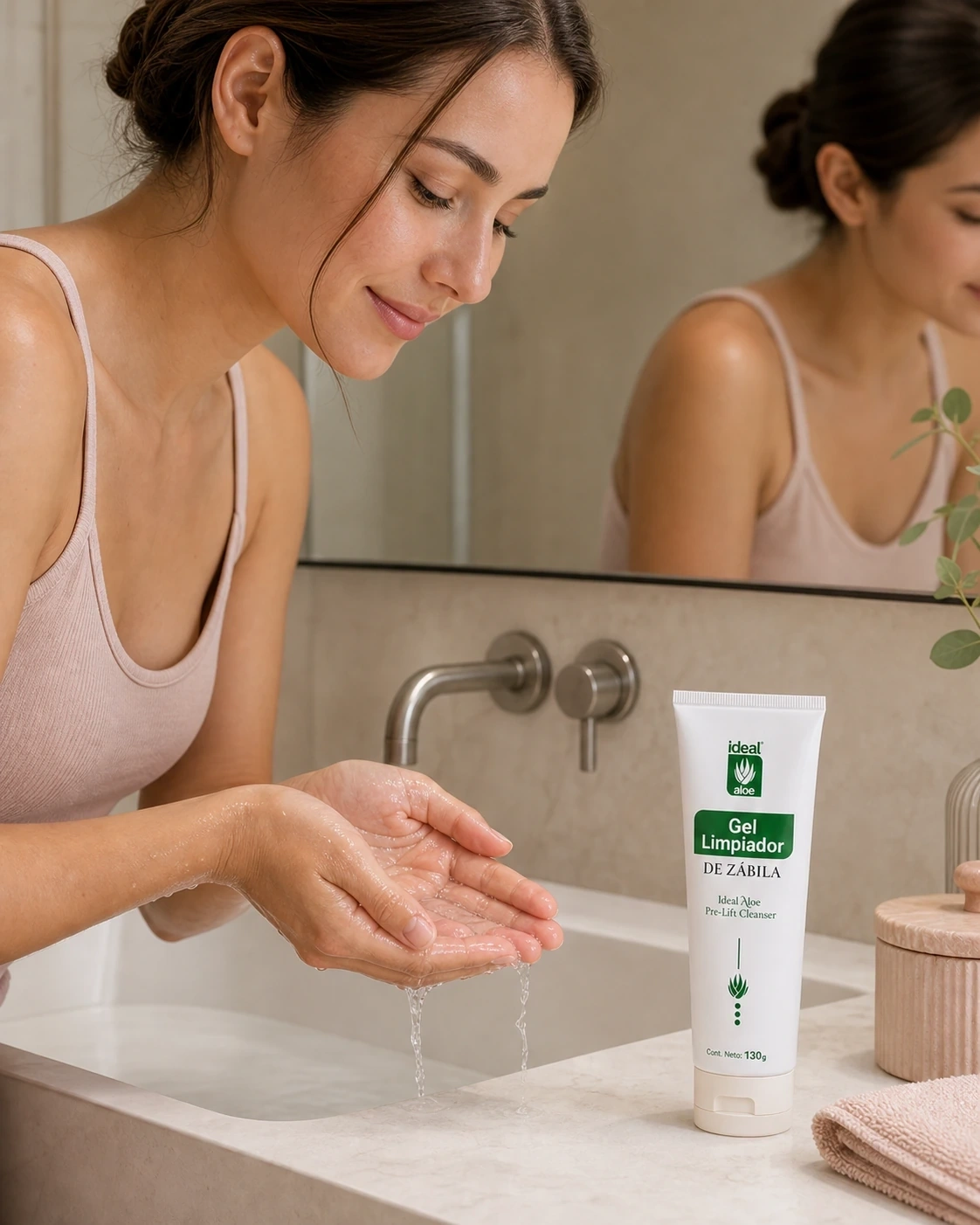 Gel Limpiador de Zábila junto al lavabo mientras una modelo enjuaga sus manos frente al espejo.