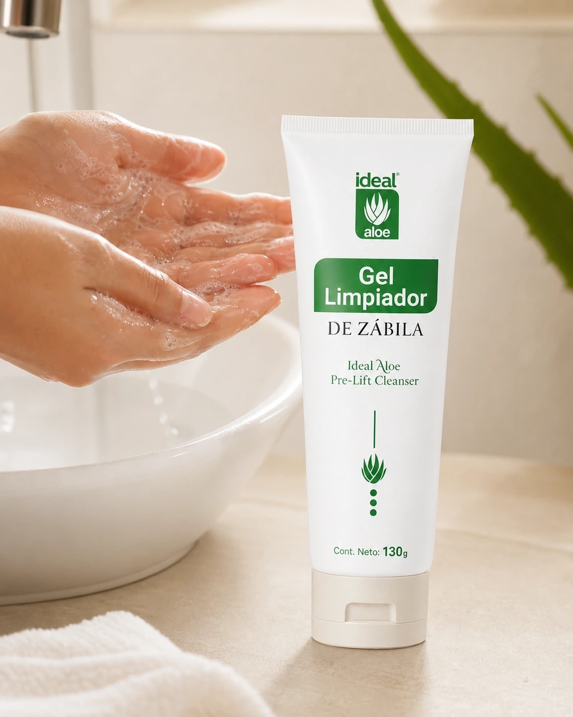 Gel Limpiador de Zábila con espuma ligera en las manos junto al lavabo.