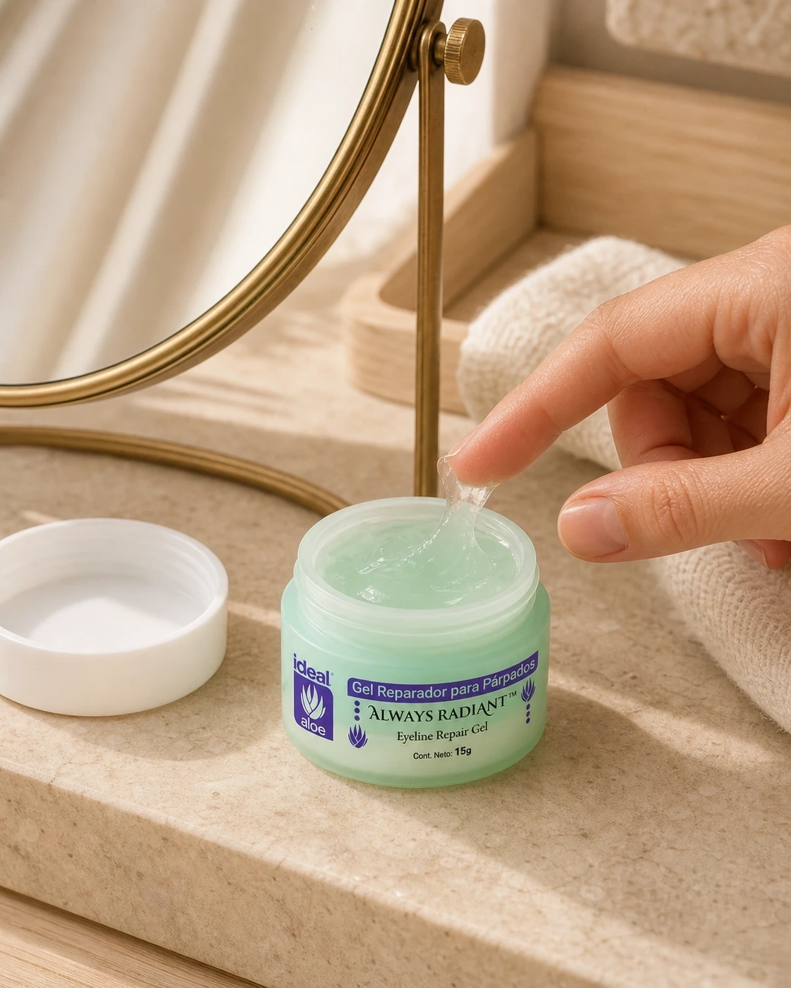 Gel reparador para párpados Always Radiant abierto con textura de gel en un tocador