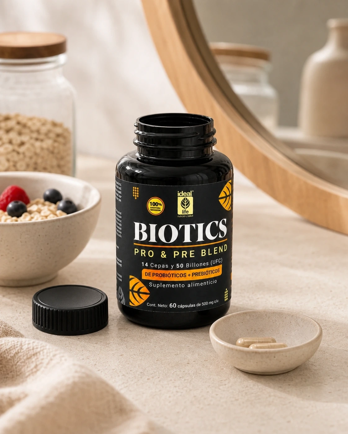 Detalle de Ideal Biotics Pro y Pre Blend abierto junto a cápsulas y vajilla neutra