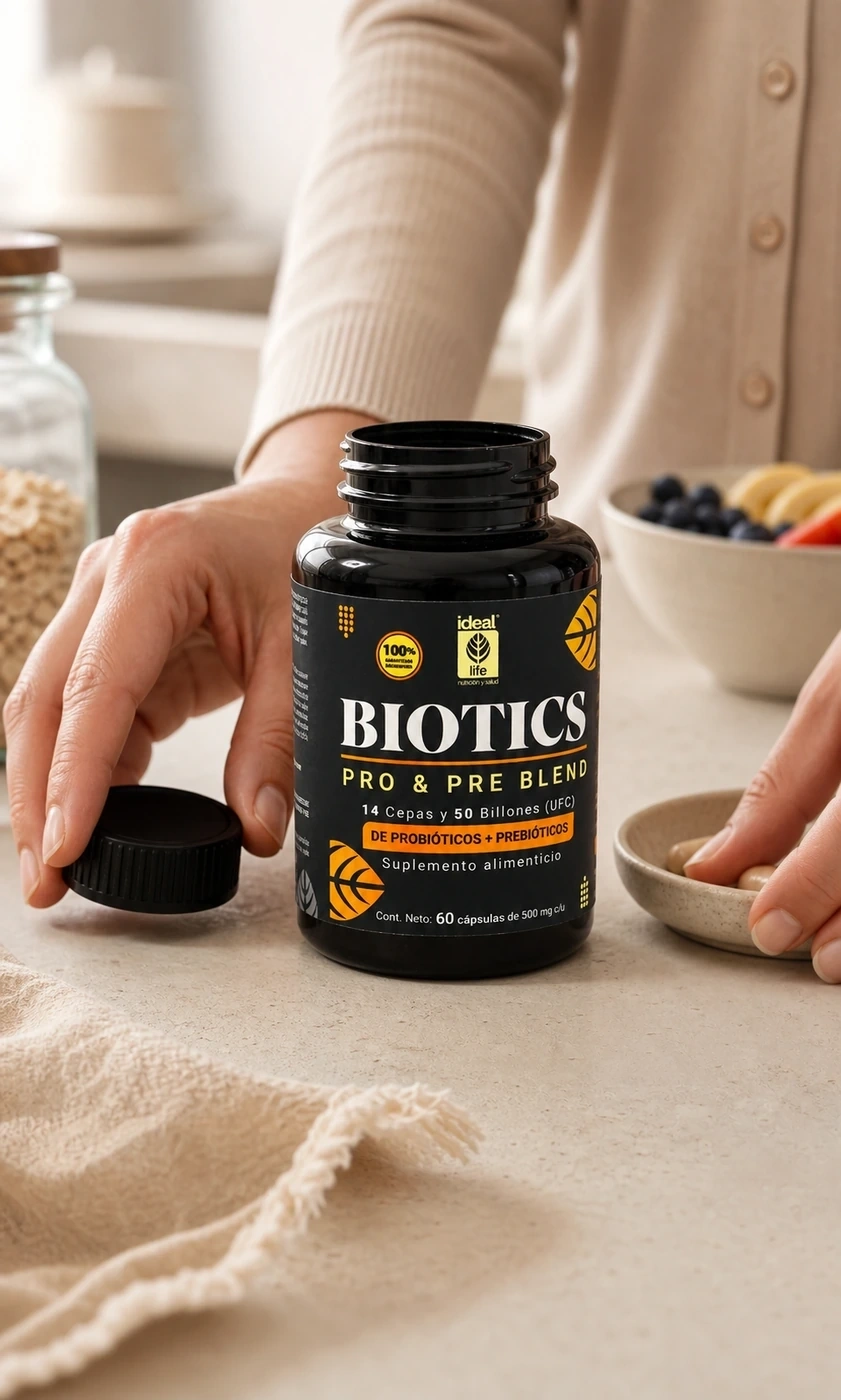 Ideal Biotics Pro y Pre Blend abierto durante una rutina cotidiana de cocina