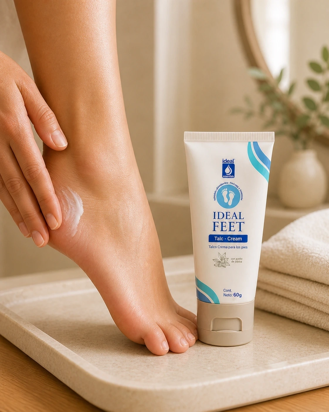 Detalle de aplicación de Ideal Feet Talc-Cream en el pie junto al envase.