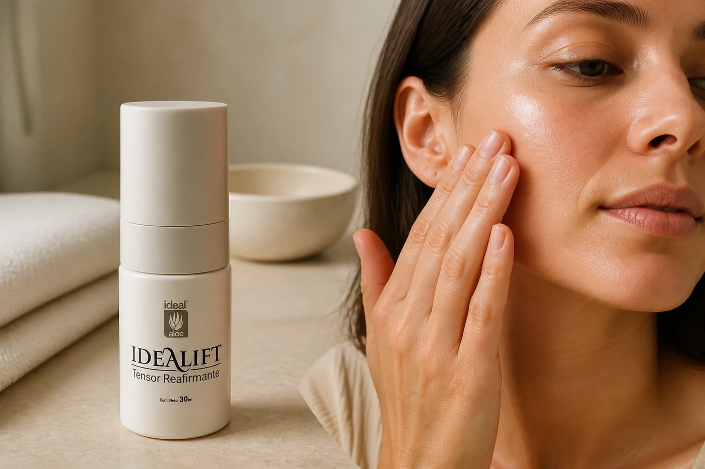 Aplicación facial de Ideal Lift junto al envase cerrado sobre una superficie de piedra crema