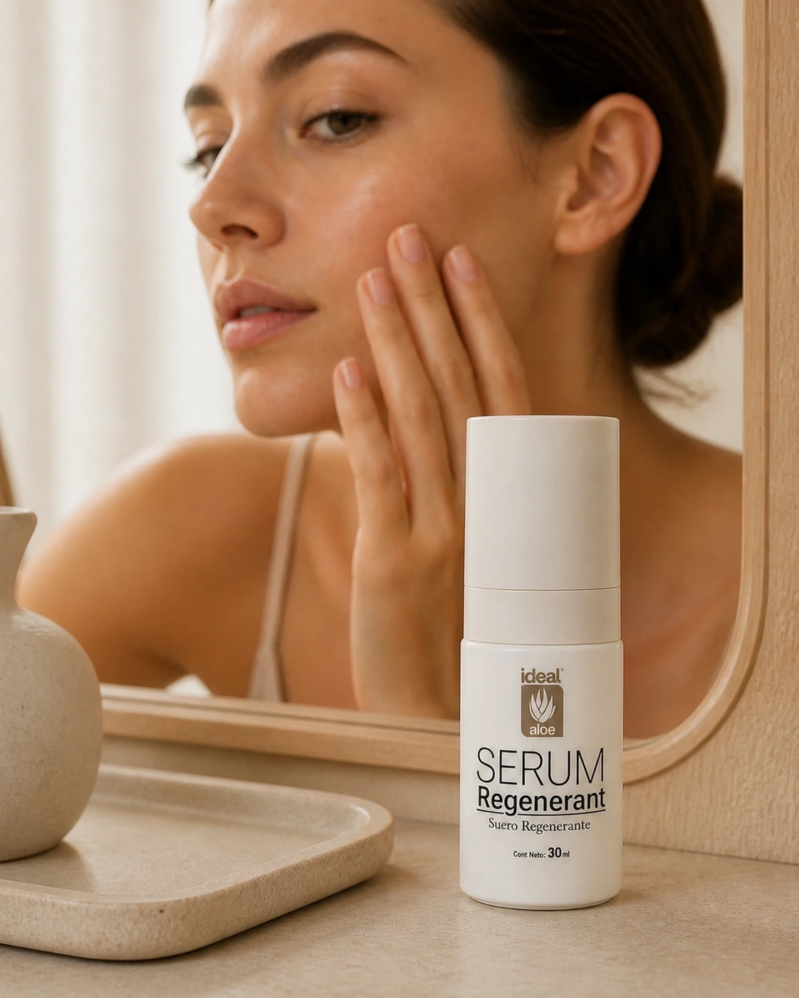 Detalle editorial de Ideal Serum Regenerante sobre un tocador de piedra crema