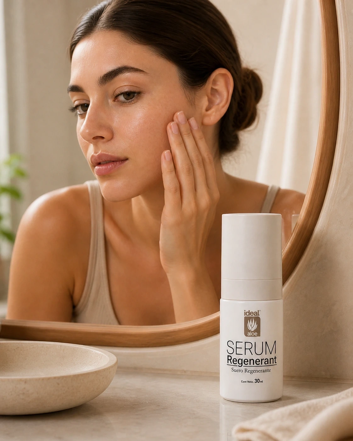 Ideal Serum Regenerante aplicado sobre la mejilla junto a un espejo y tocador cálido